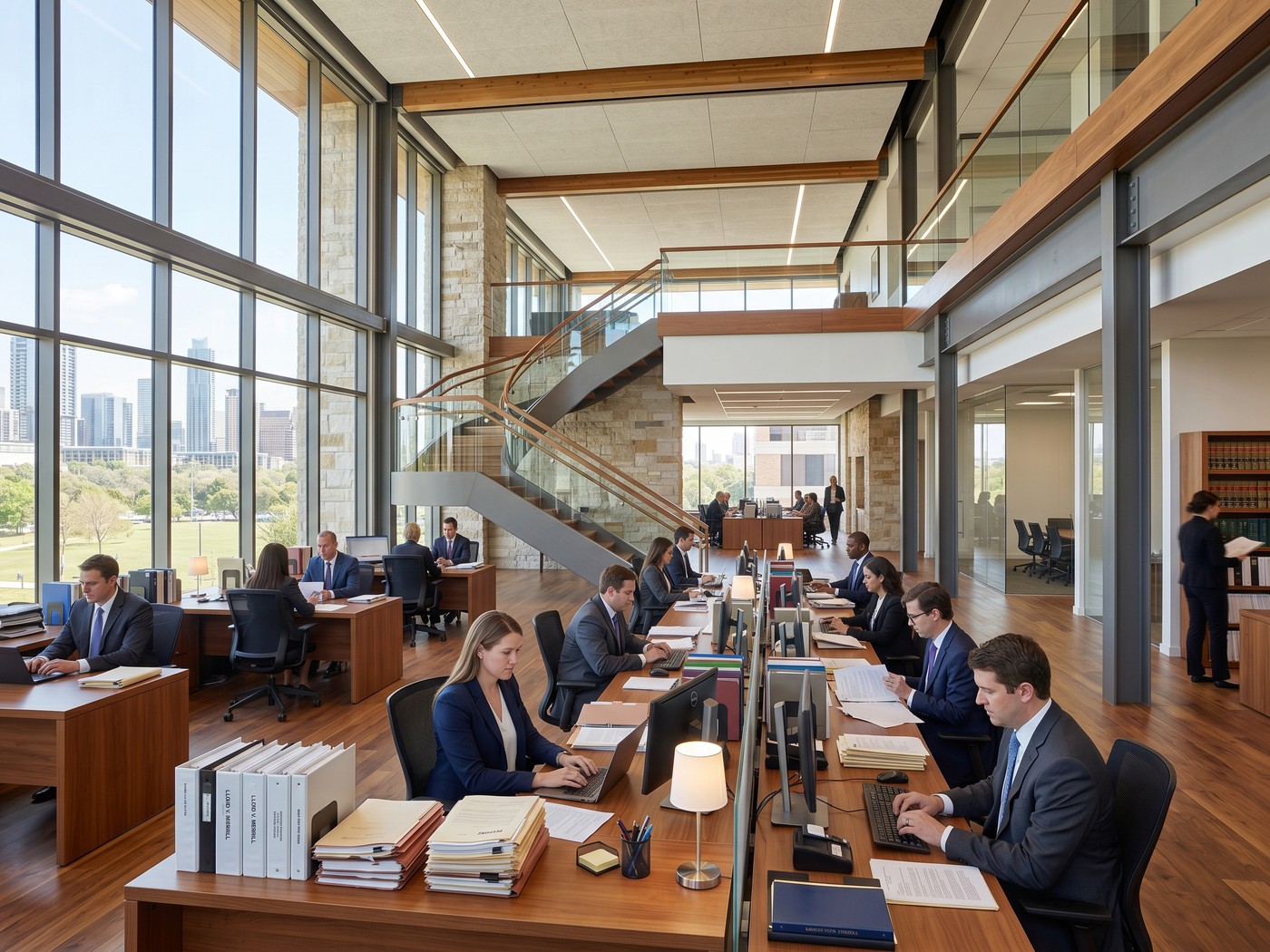 Attorneys and paralegals working amid case files in a striking modern law-firm office